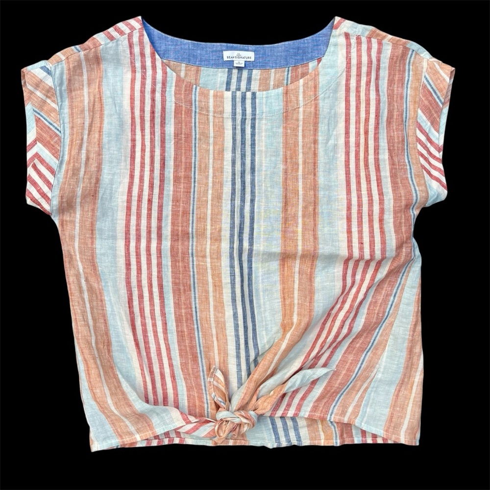 NWOT L.L. Bean Signiture 100% Linen Striped Blouse Tie Front Breathable S